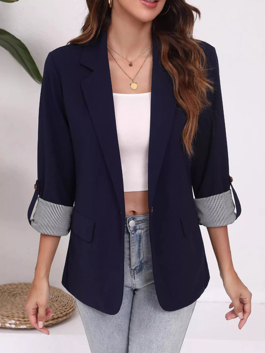Women's Black Lapel Blazer with Striped Roll-Up Sleeves