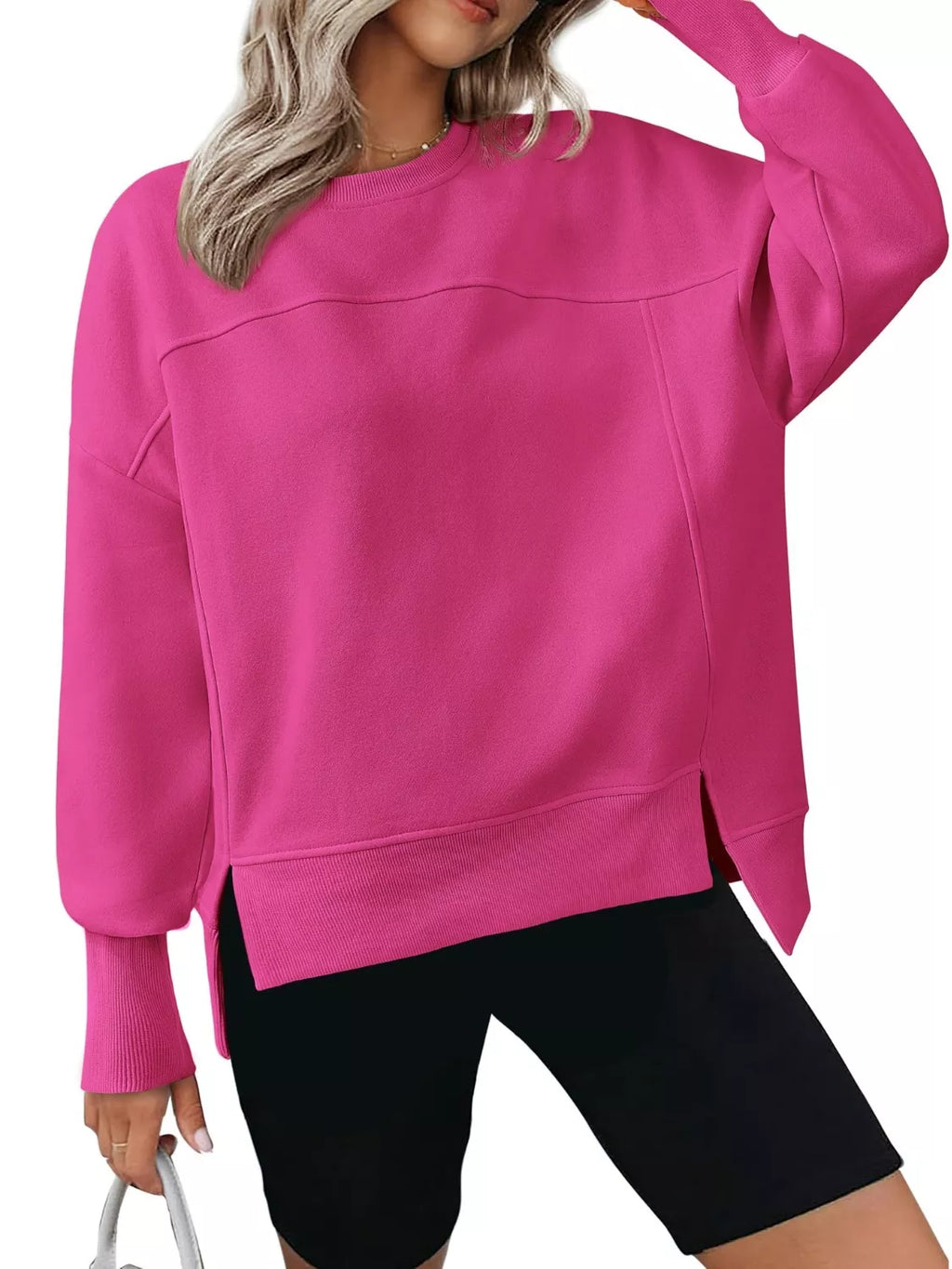 Women's Blue Side Slit Pullover Sweatshirt Long Sleeve Top