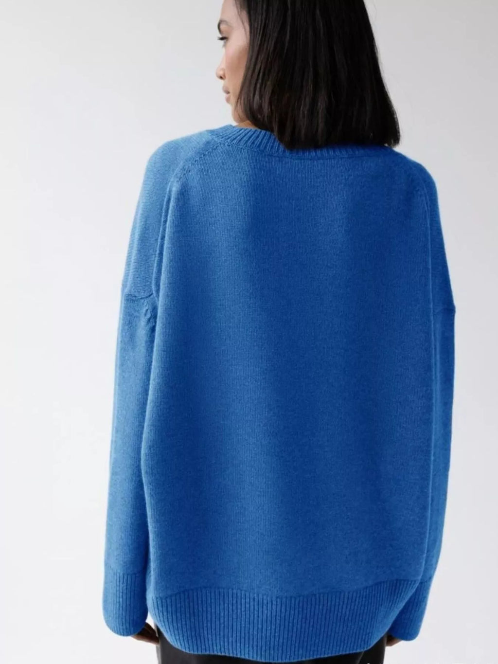 Women's Royal Blue Round Neck Ribbed Hem Long Sleeve Sweater