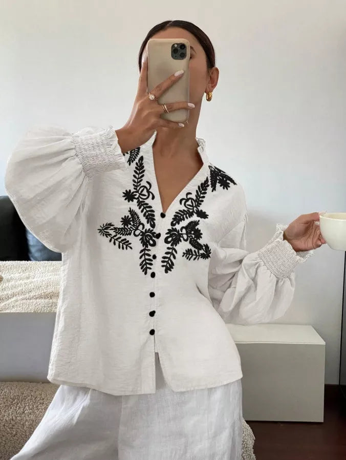 Women's Embroidered White Long Sleeve Notched Collar Blouse