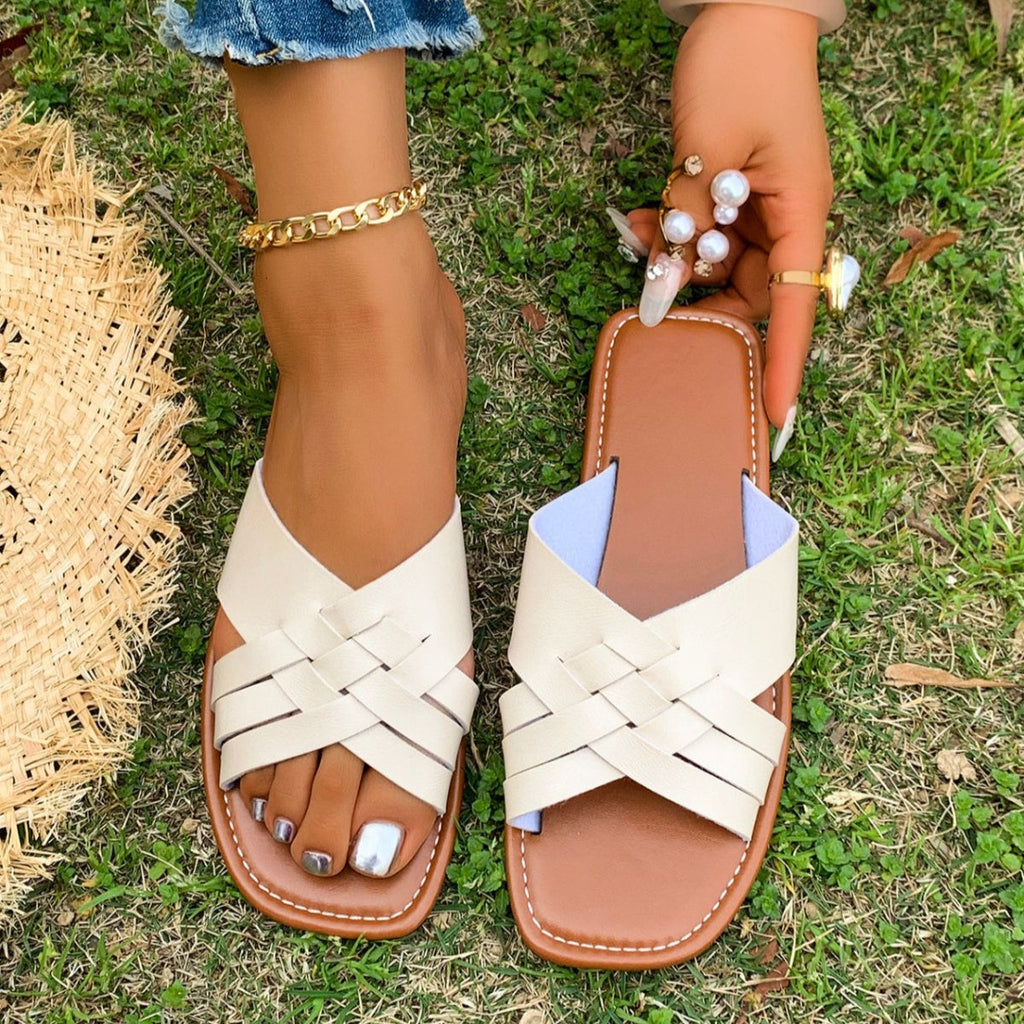 Woven Open Toe Sandals - Leather Bohemian Flats