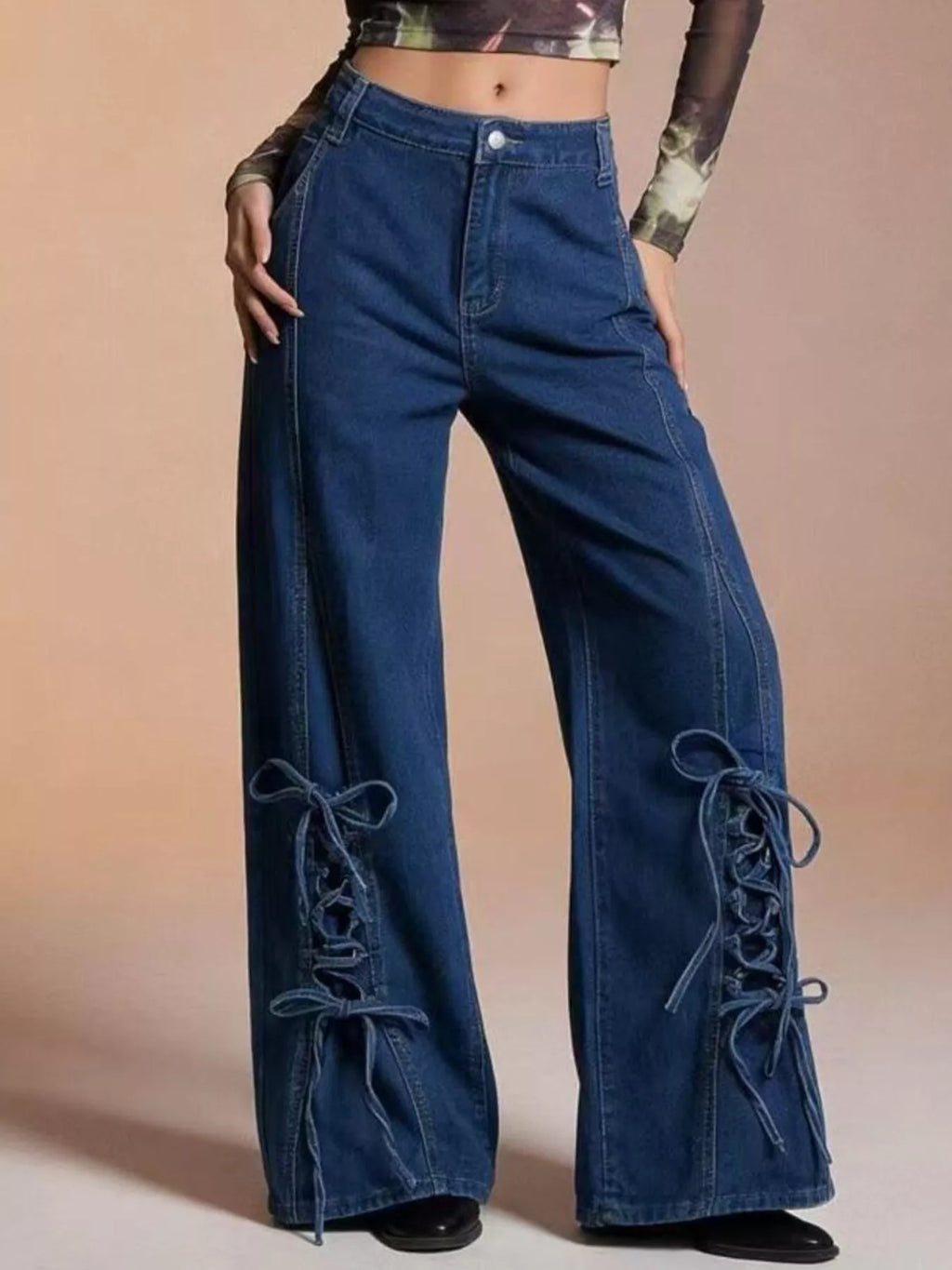 Women's Wide Leg Denim Jeans with Side Lace-Up Detail