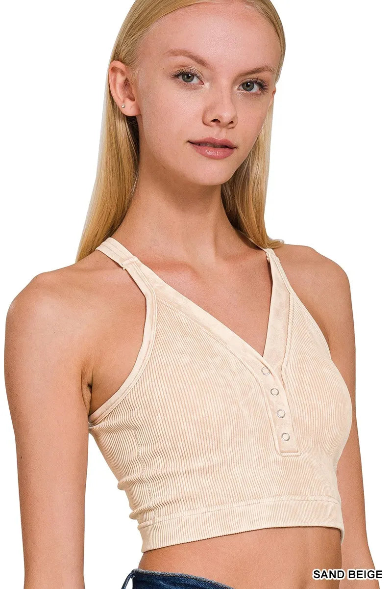 Sand Beige Washed Ribbed Seamless V-Neck Button Tank Top