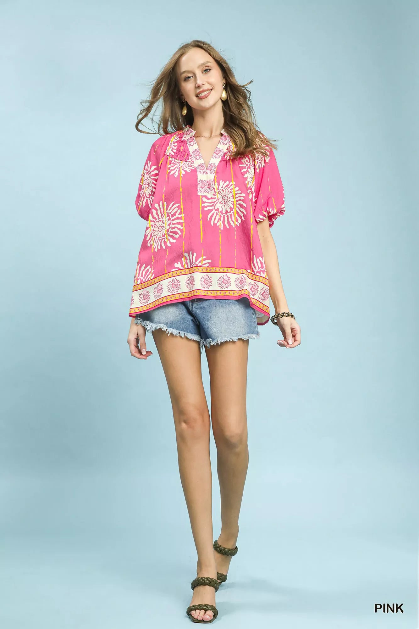 Floral Border Smocked V-Neck Boho Blouse in Bright Pink