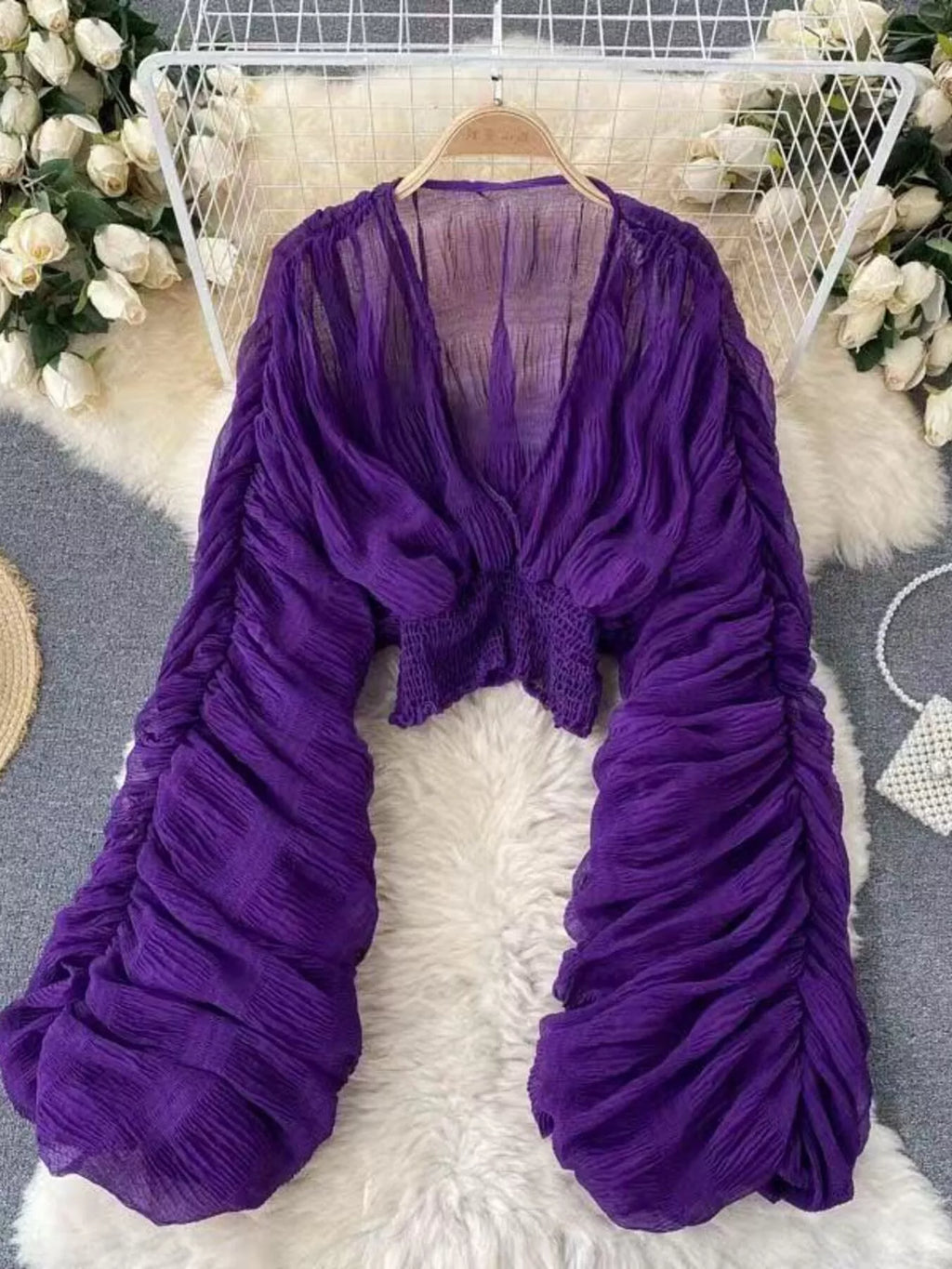 Purple Long Sleeve Smocked Ruched Blouse with V-Neck