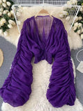 Purple Long Sleeve Smocked Ruched Blouse with V-Neck