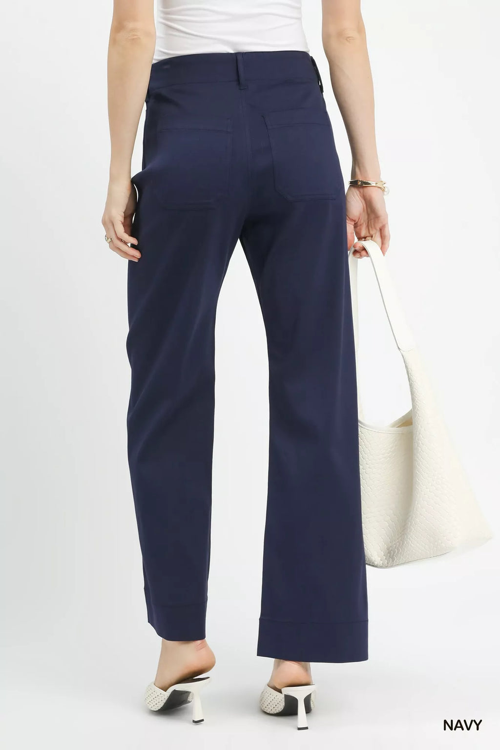 Women's Navy Stretched Button Closure Wide Leg Trousers