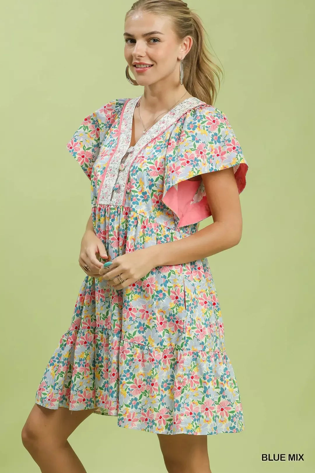 Blue Mix Floral Tiered Mini Dress with Pockets