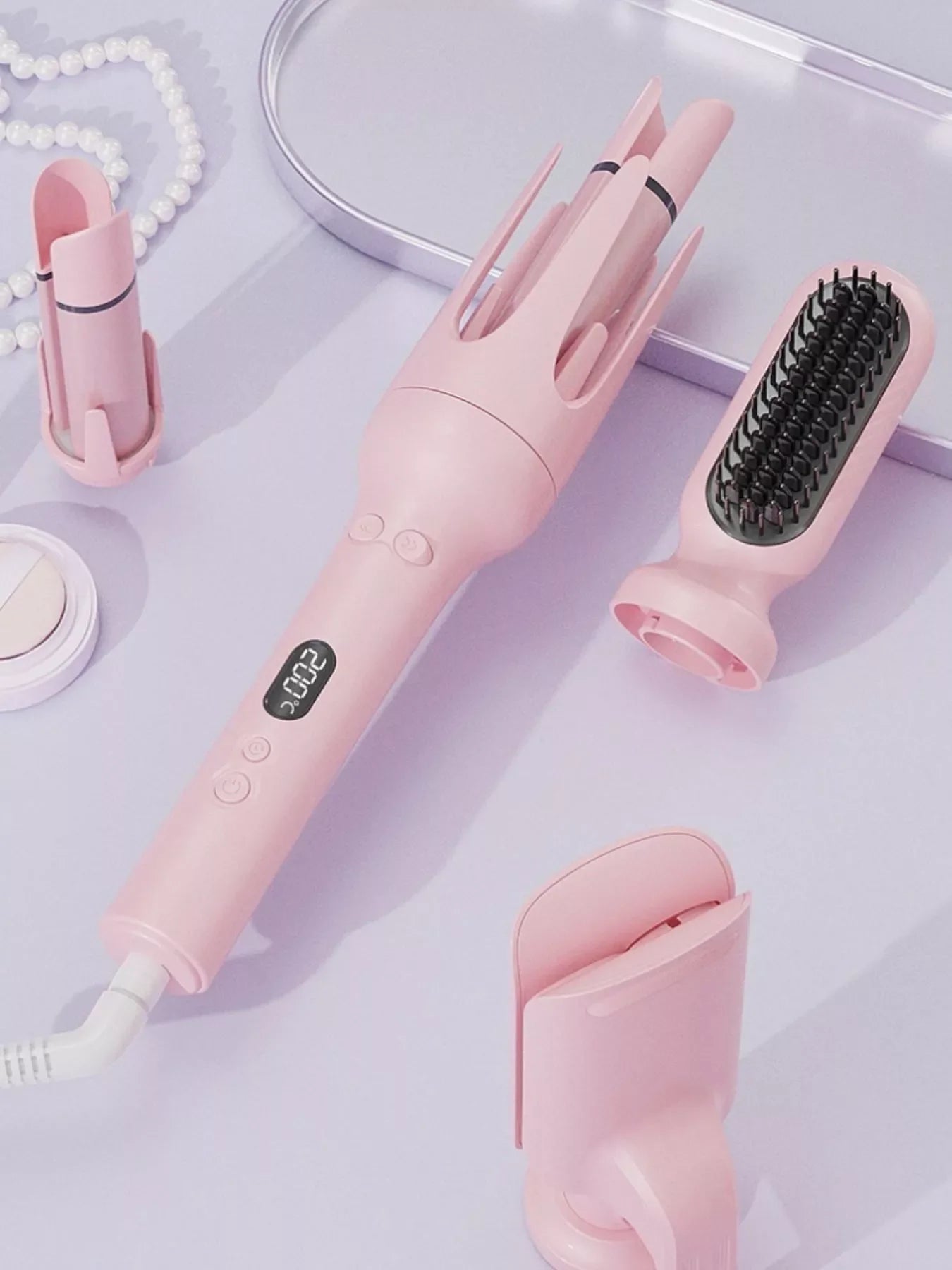 Pink 5-in-1 Ceramic Hair Curling Iron with Negative Ion Tech