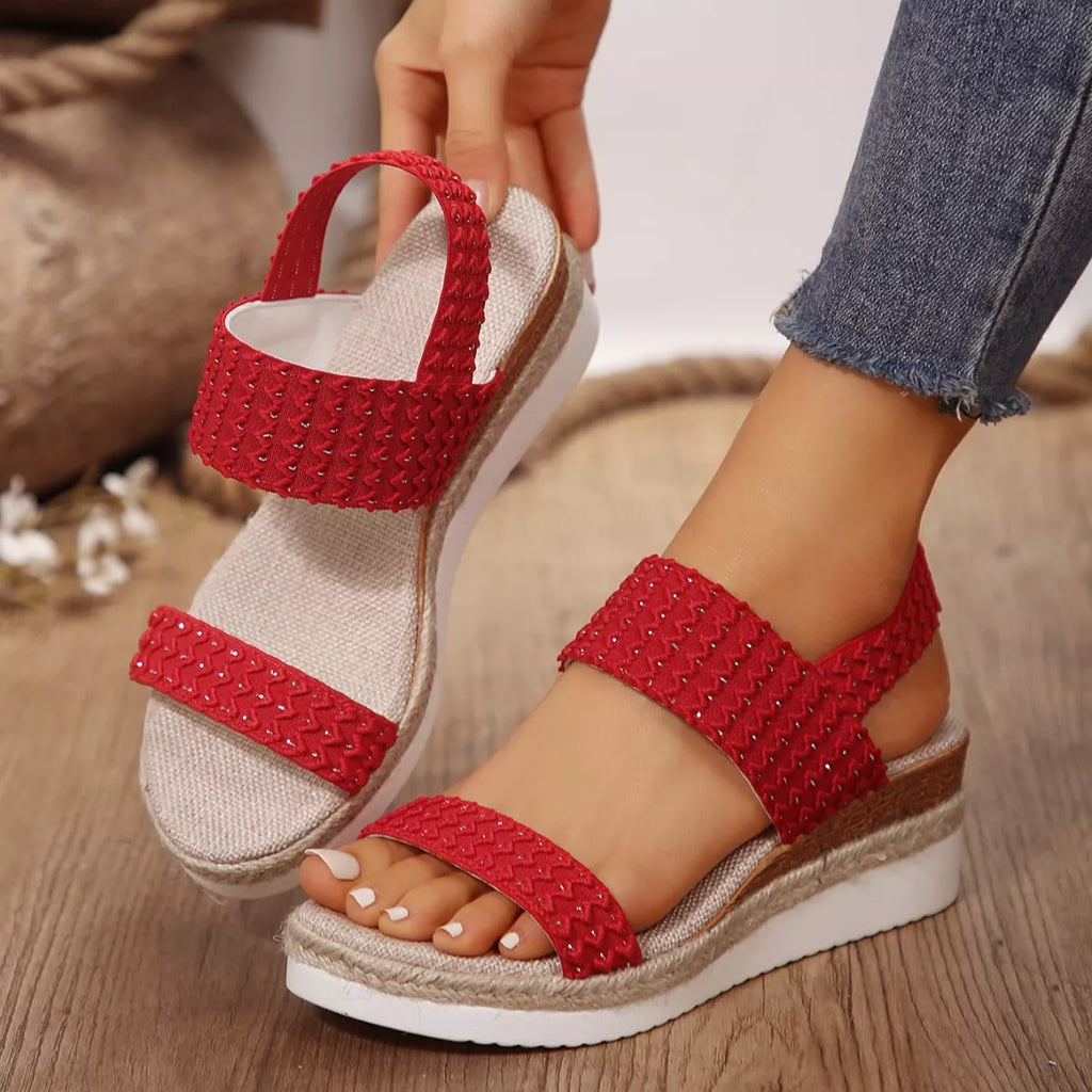 Woven Elastic Strap Platform Wedge Sandals