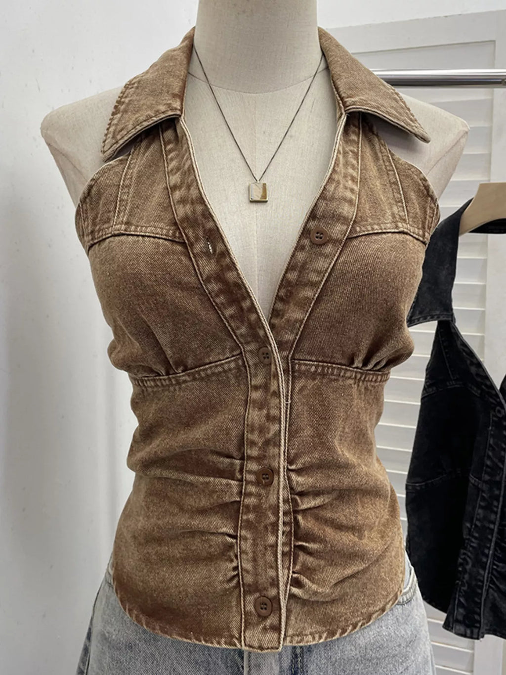 Smocked Denim Halter Collar Top in Blue