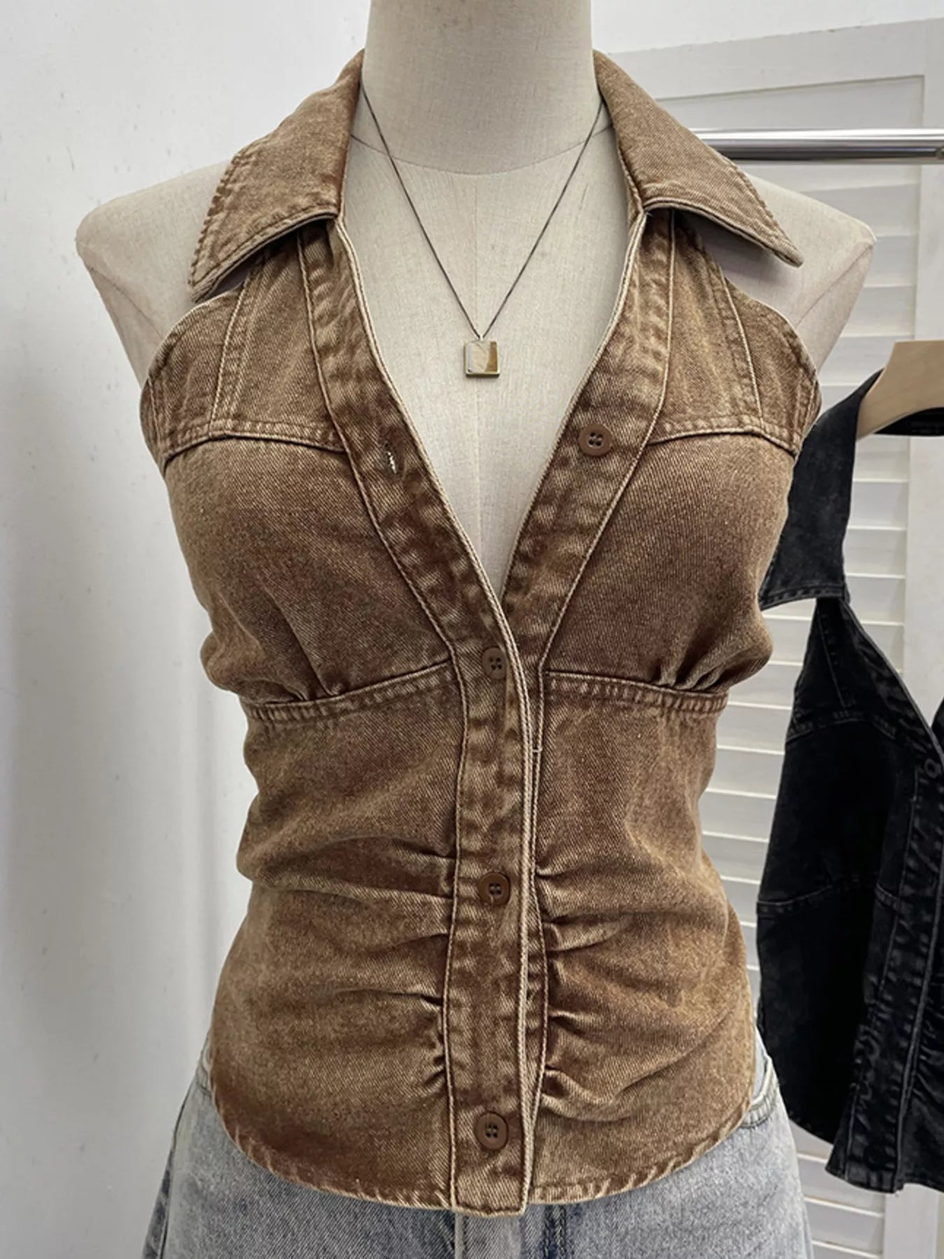 Smocked Denim Halter Collar Top in Blue