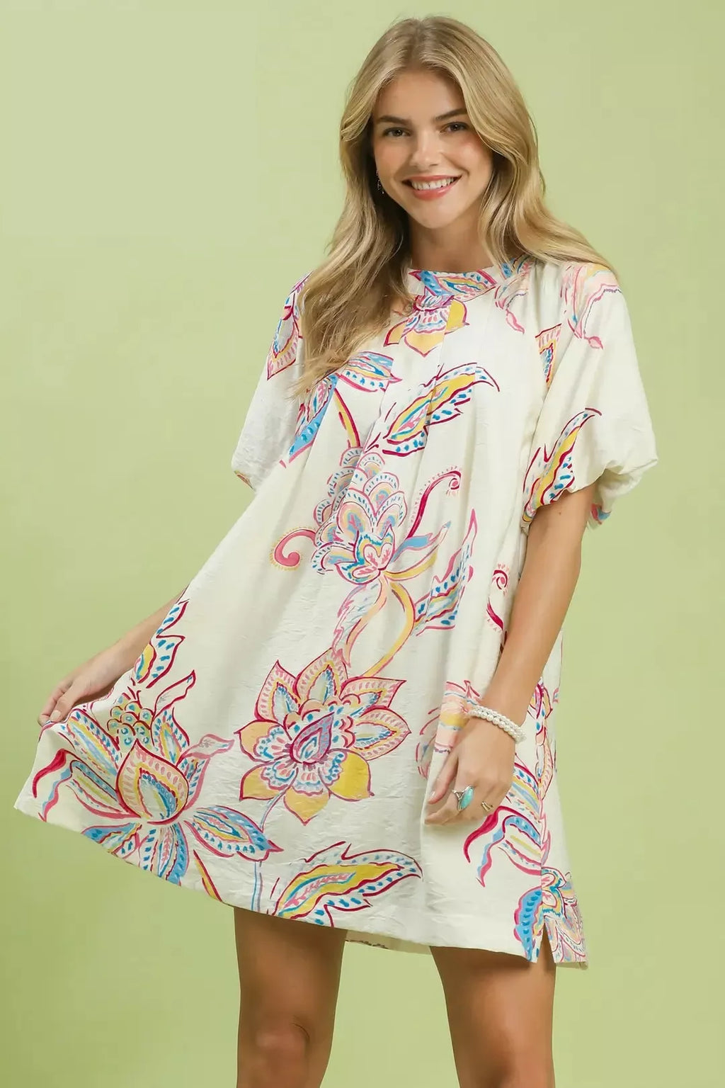 Off White Boho Floral Print Mini Dress with Pockets