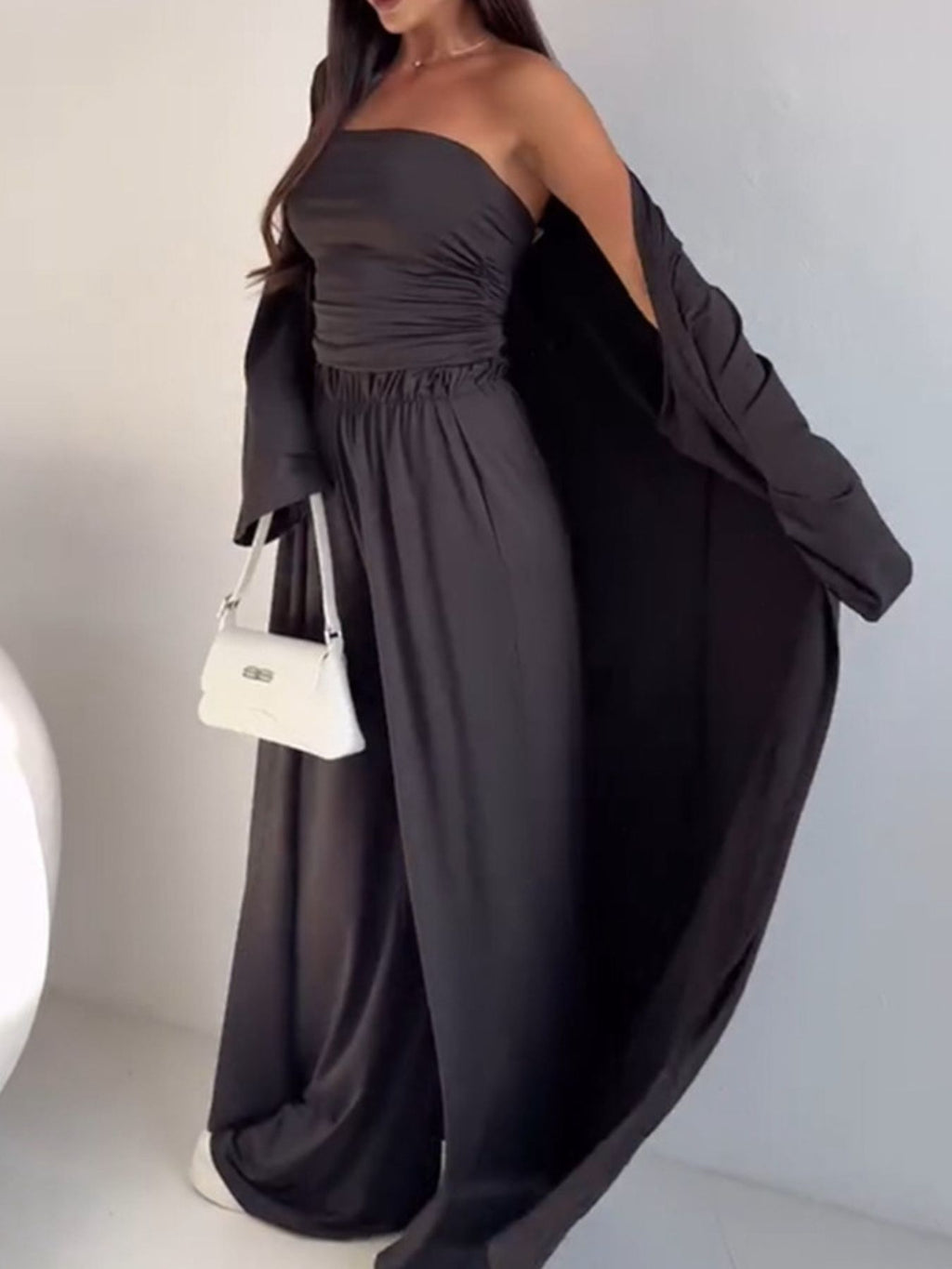 Women Three Piece Tube Top Cardigan and Wide Leg Pants Set