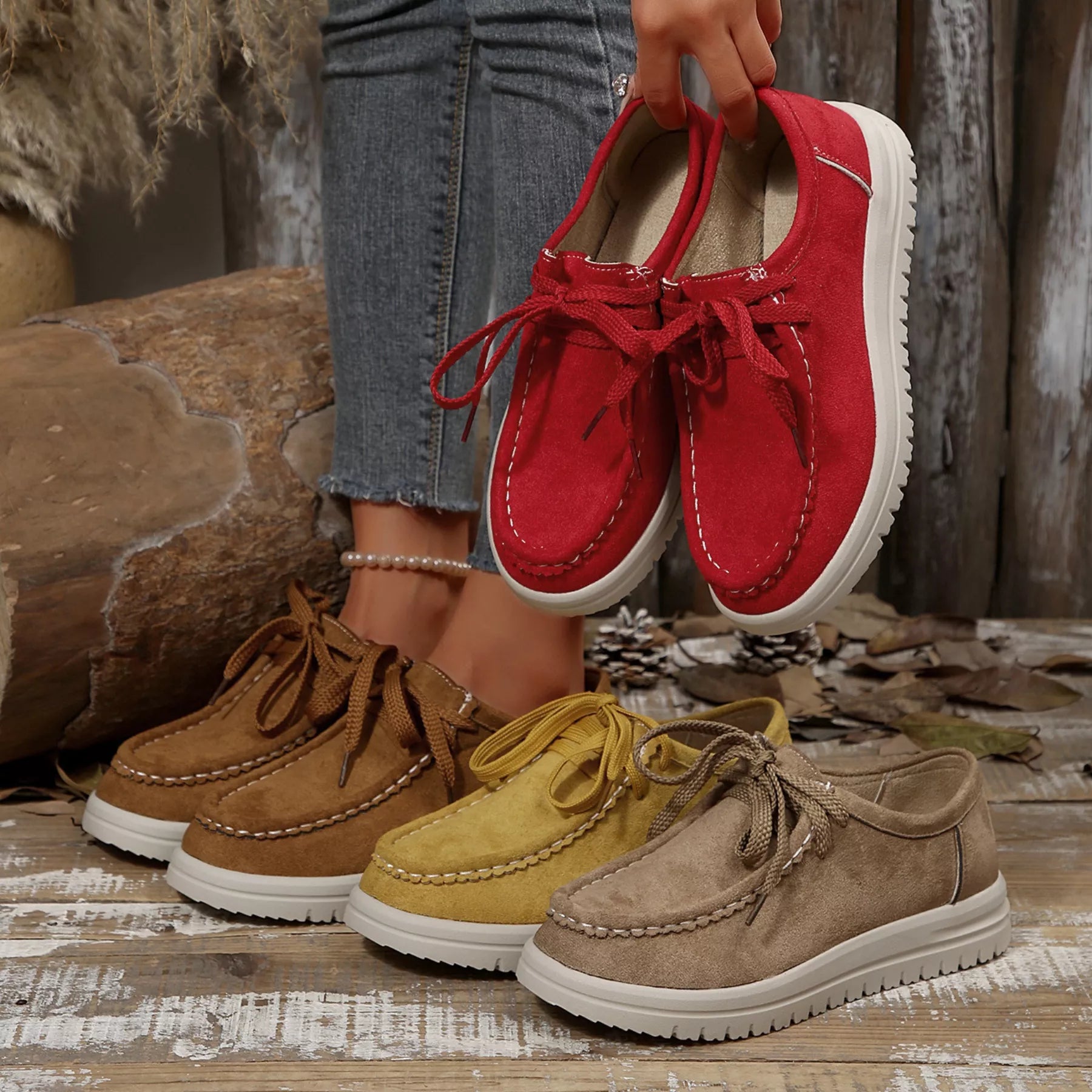Women's Lace-Up Suede Round Toe Flats Comfortable Casual Shoes