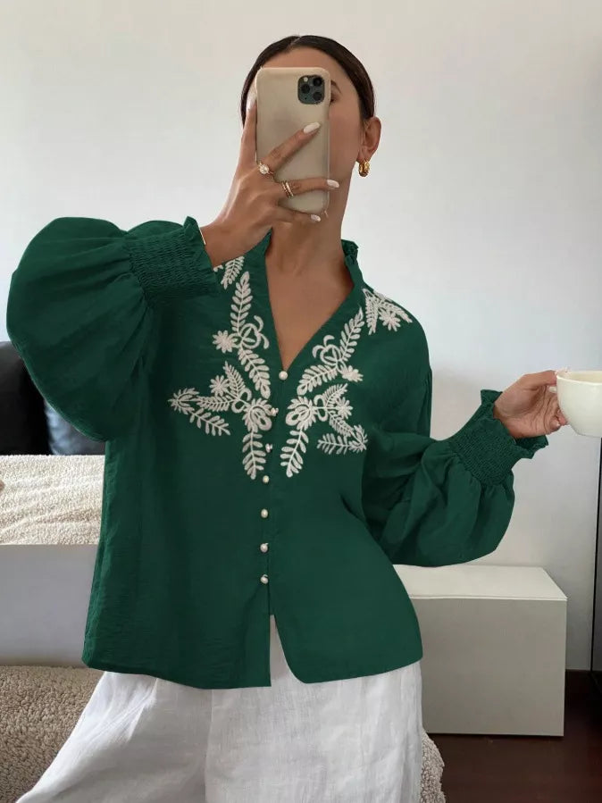 Women's Embroidered White Long Sleeve Notched Collar Blouse