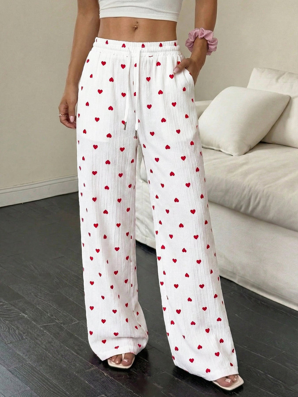 White Red Heart Print Drawstring Waist Wide Leg Lounge Pants