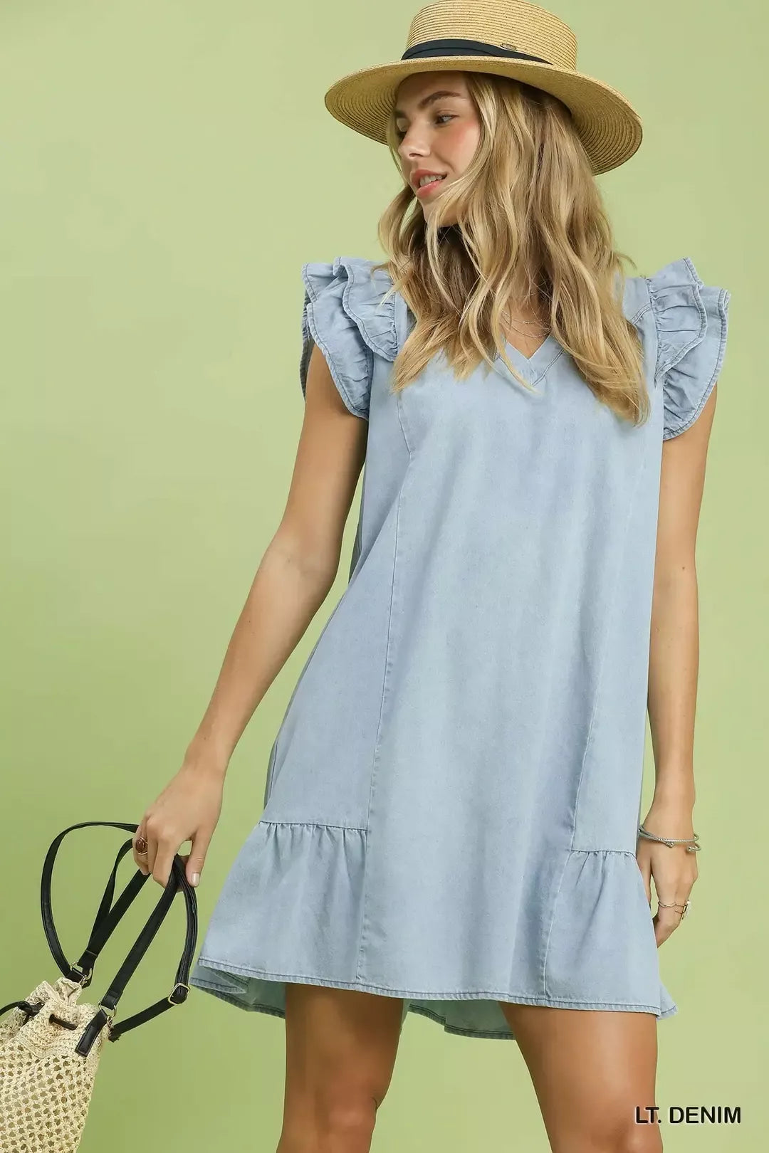 Light Denim Chambray Mini Dress with Ruffled Sleeves and Belt