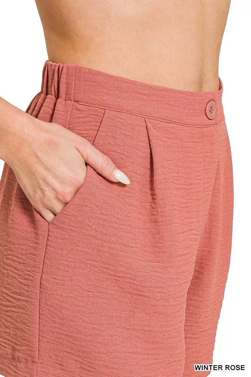 Woven Airflow Elastic Waist Shorts in Winter Rose