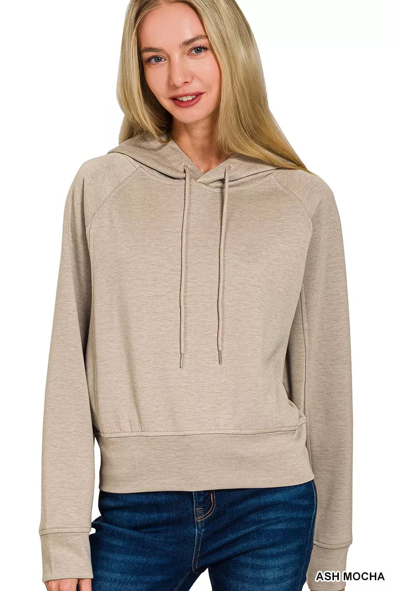 Zenana Drawstring Scuba Hoodie | Cropped Knit in Ash Mocha