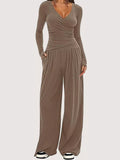 Women's Casual Long Sleeve V-Neck Top and Wide Leg Pants Lounge Set