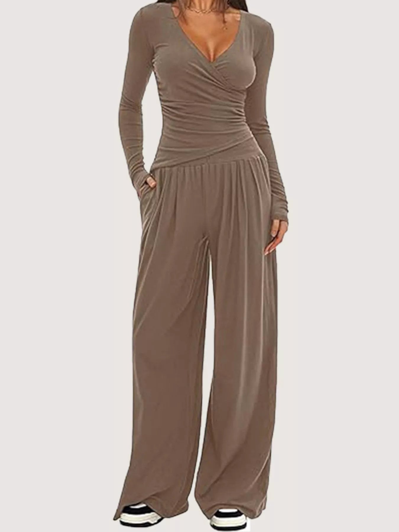 Women's Casual Long Sleeve V-Neck Top and Wide Leg Pants Lounge Set