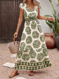 Floral Print V-Neck Ruffle Cap Sleeve Maxi Dress