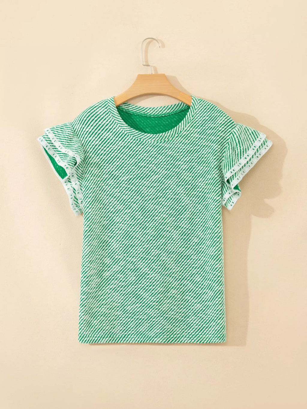 Green Striped Blouse with Ruffled Lace Trim Short Sleeves