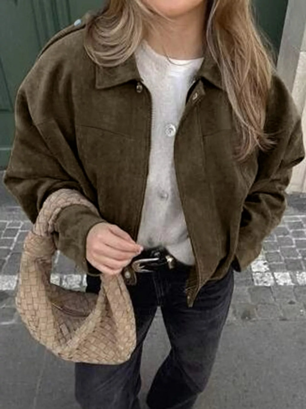 Women's Cropped Olive Green Suede Bomber Jacket