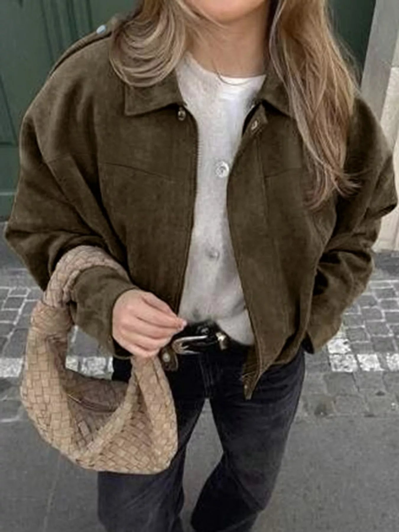 Women's Cropped Olive Green Suede Bomber Jacket