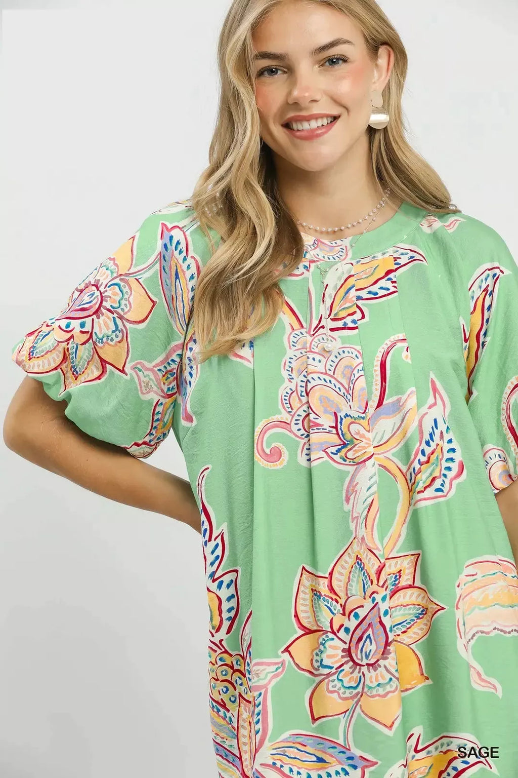 Sage Green Boho Floral Mini Dress with Short Sleeves and Pockets