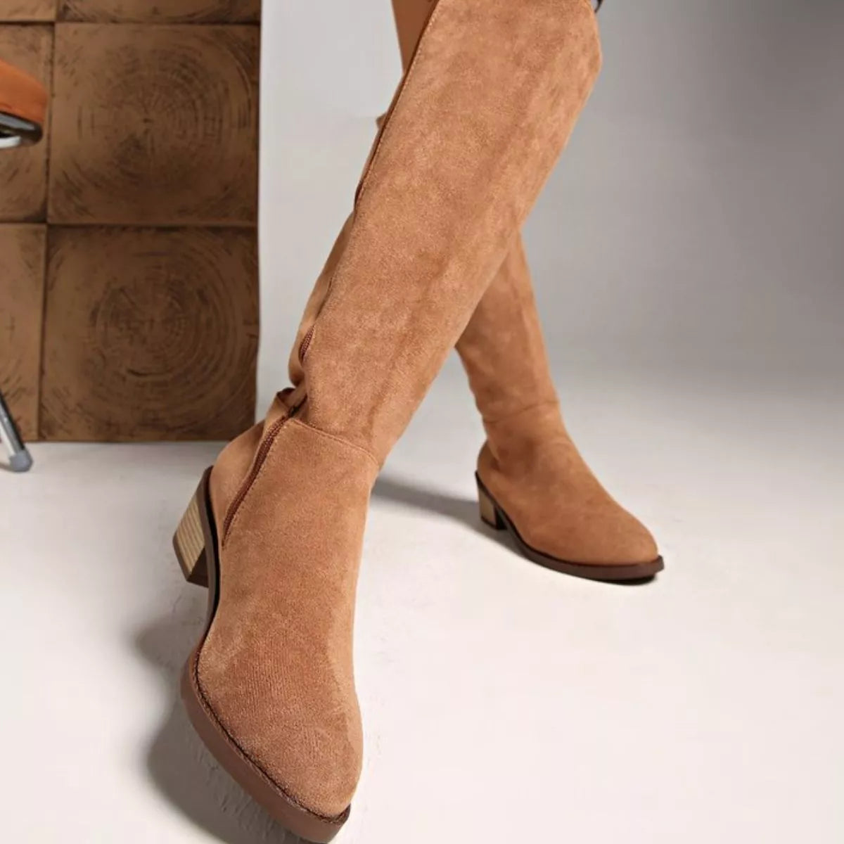 Women's Tan Suede Knee-High Boots with Mid Block Heel