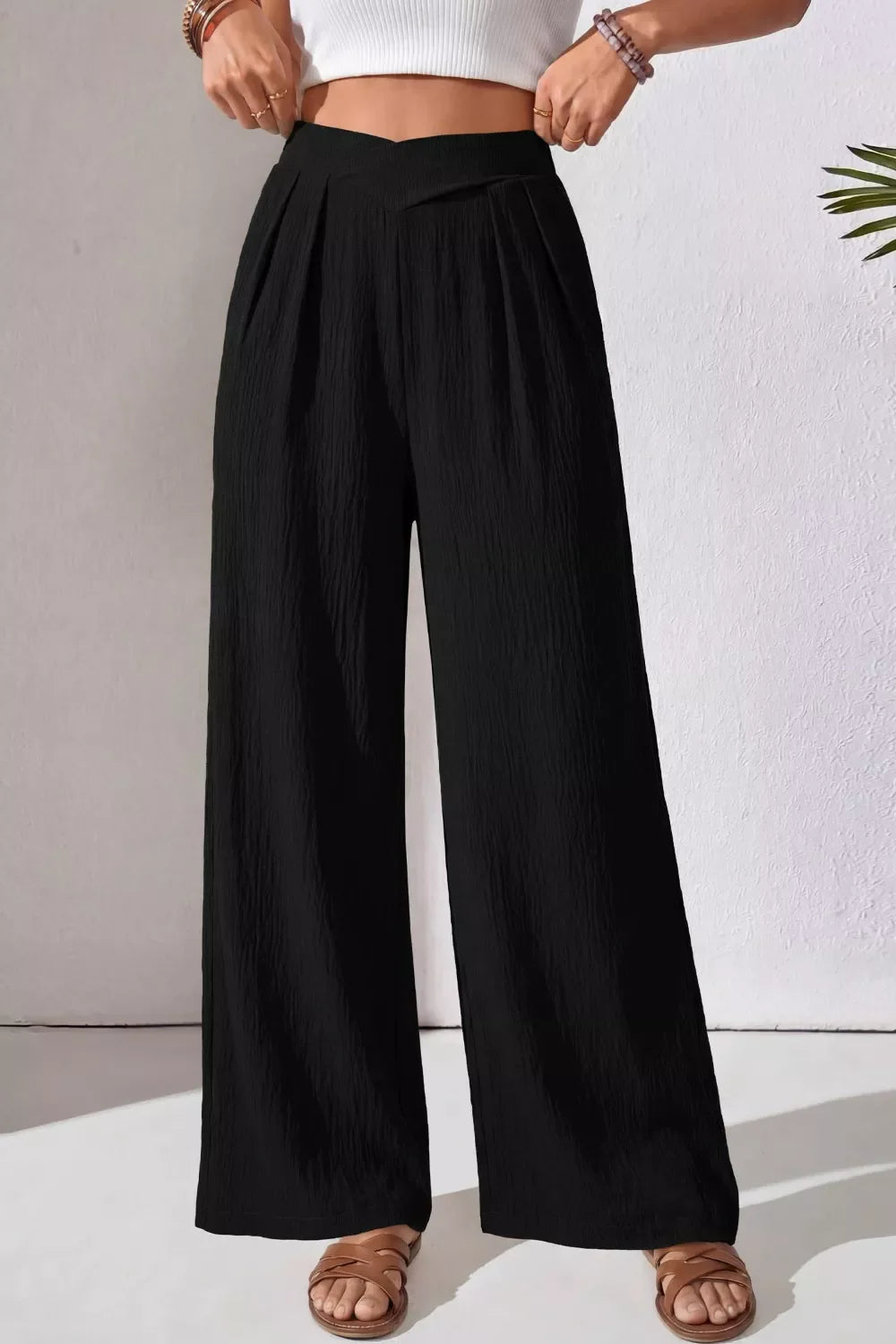 Blue Textured High Waist Wide Leg Pants with Pockets