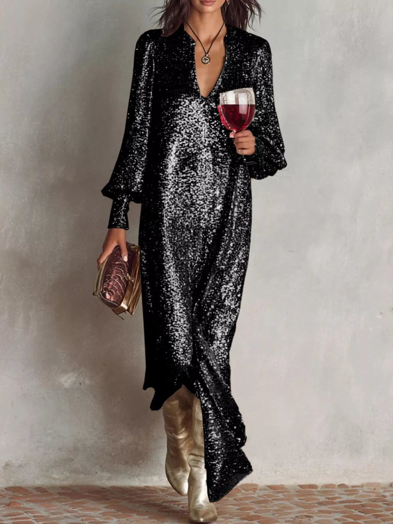 Gold Sequin Notched Lantern Sleeve Maxi Dress for Parties