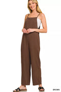 Woven Wide Leg Jumpsuit in Brown with Pockets