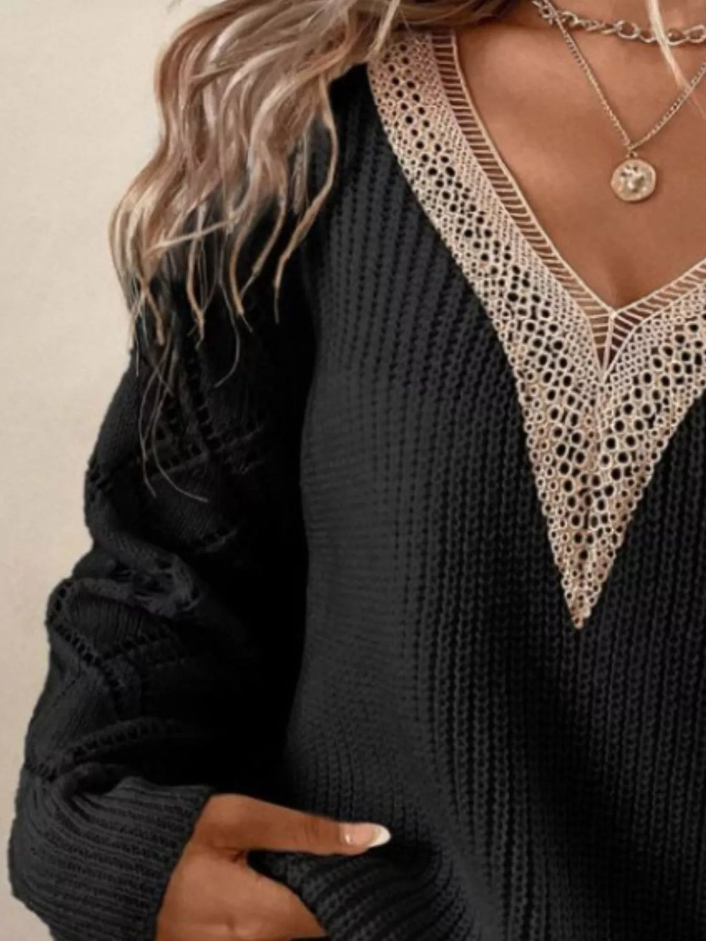 Women's V-Neck Openwork Knit Sweater - Bohemian Casual-Chic Top