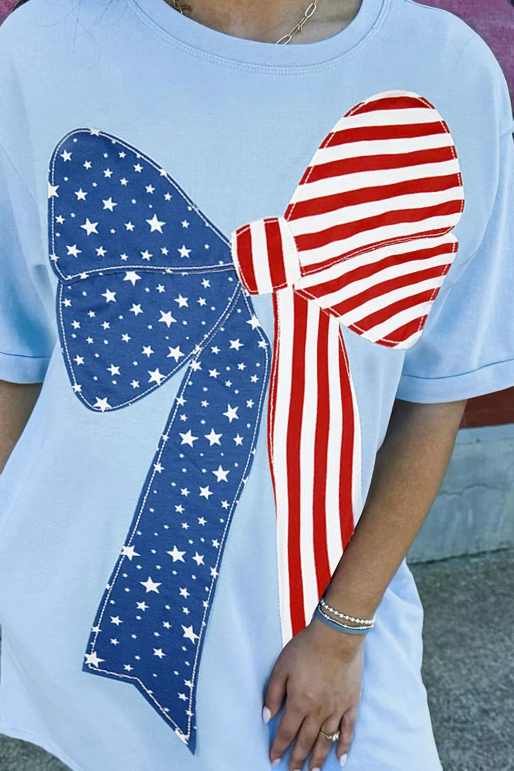 Light Blue Patriotic Bow Graphic T-Shirt Mini Dress