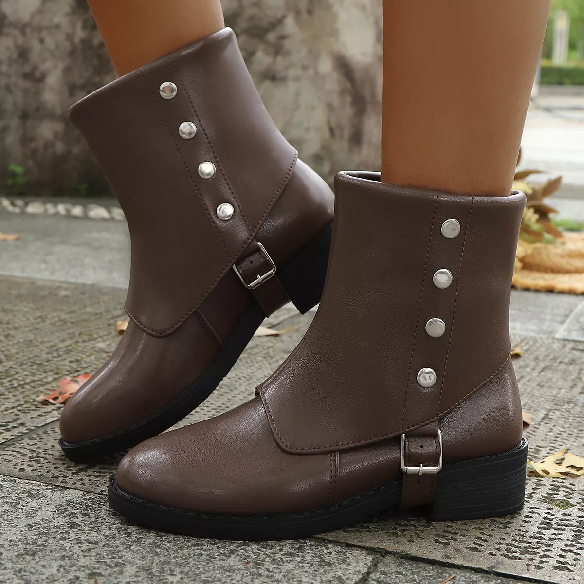 Women's Round Toe White Block Heel Boots with Buckle Detail