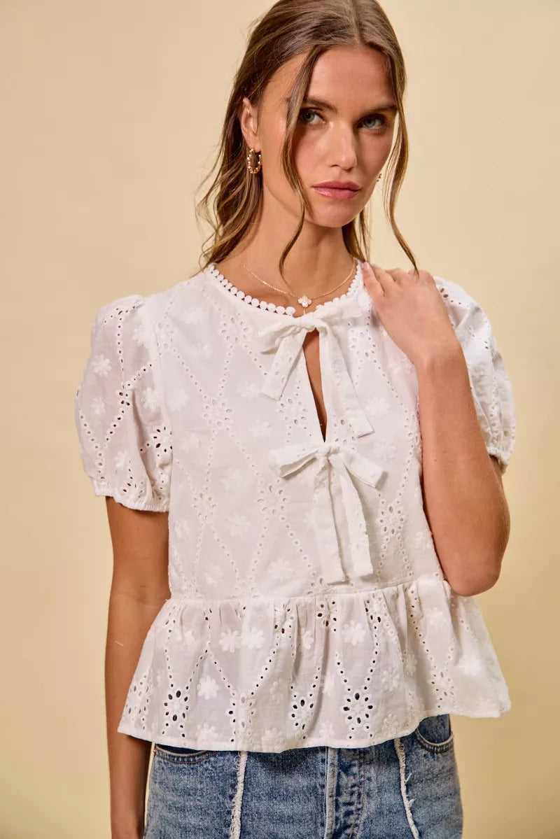 Women's Cotton Eyelet Blouse with Front Tie