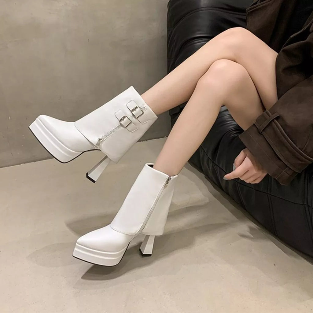 White Point Toe Platform Block Heel Ankle Boots