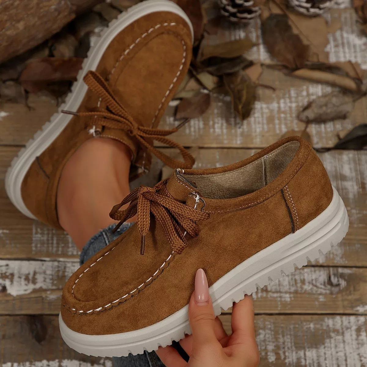 Women's Lace-Up Suede Round Toe Flats Comfortable Casual Shoes