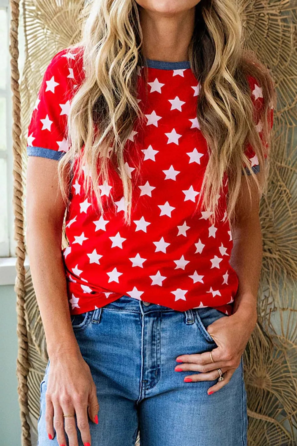 Red Stars Print Crewneck T-Shirt with Contrast Trim
