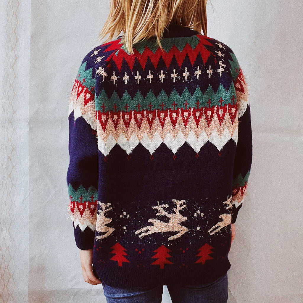 Women's Christmas Reindeer and Tree Pattern Long Sleeve Sweater