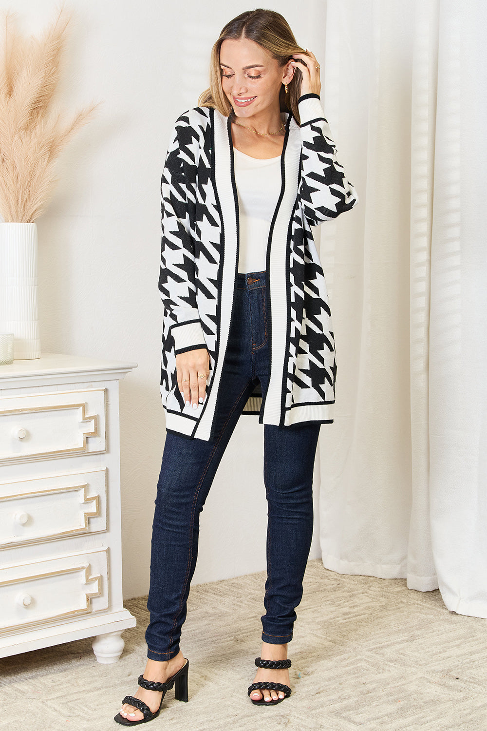 Woven Houndstooth Open Front Longline Cardigan Relaxed Fit