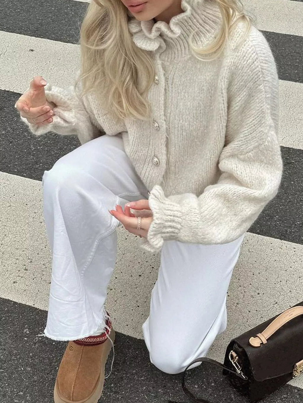 White Ribbed Ruffle Neck Button-Down Long Sleeve Cardigan