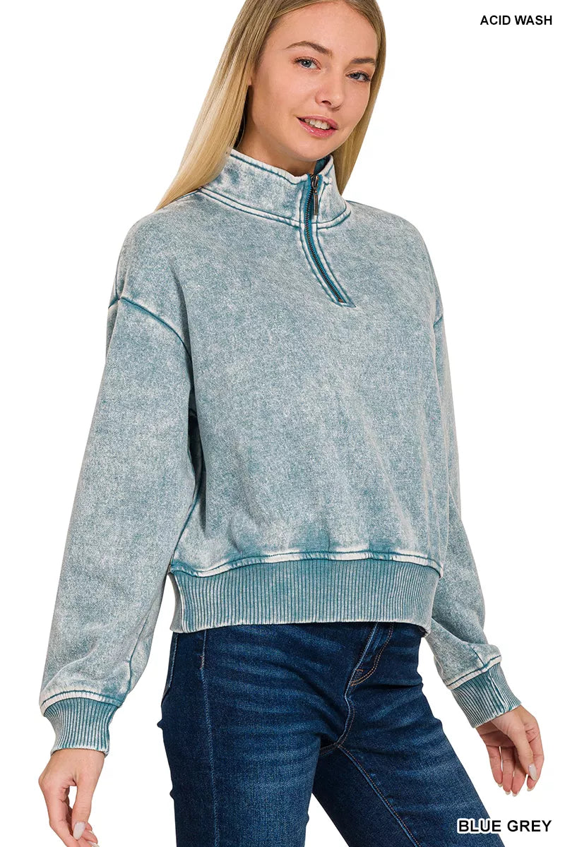 Zenana Acid Wash Fleece Half Zip Sweatshirt | Cropped