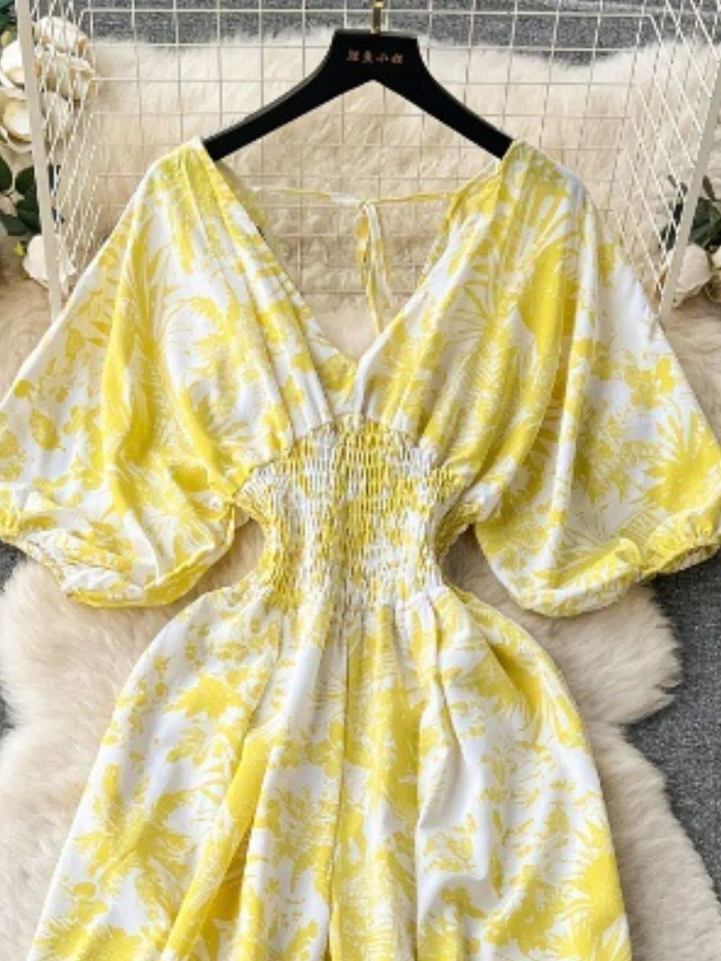 Yellow Floral Print Smocked V-Neck Wide Leg Jumpsuit