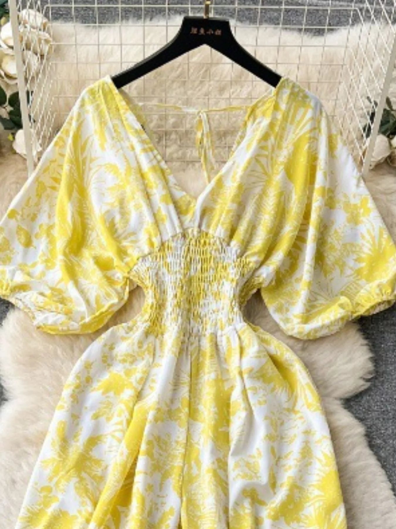 Yellow Floral Print Smocked V-Neck Wide Leg Jumpsuit