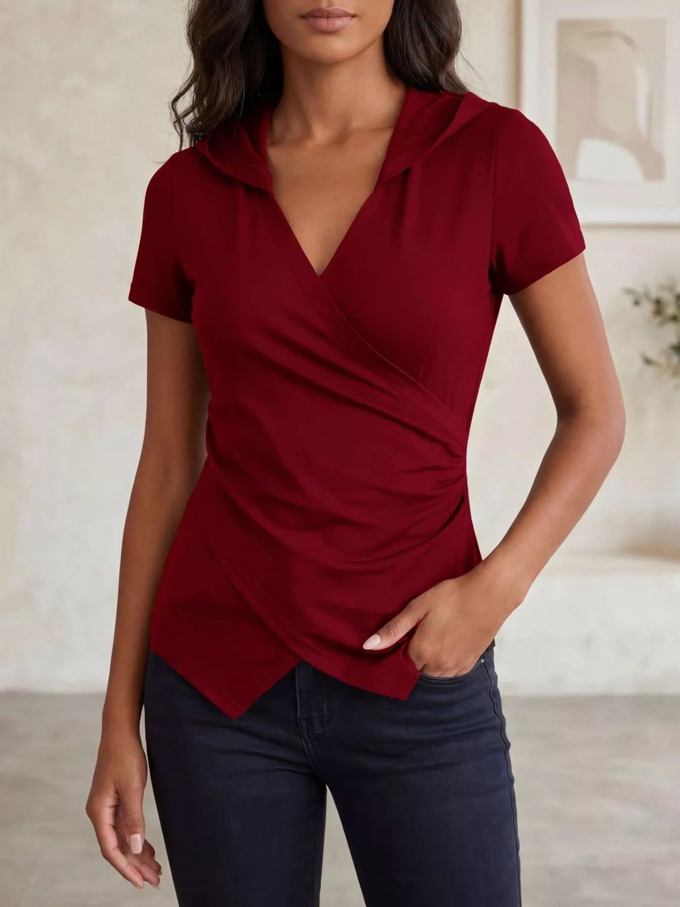 Hooded Wrap Front Slim Fit Top