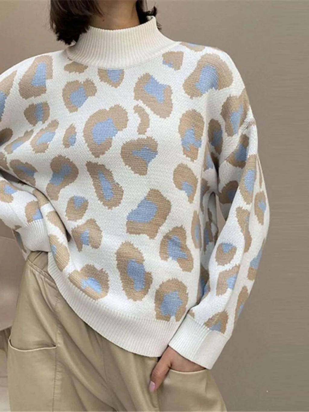 Women's Leopard Print High Neck Sweater in White Blue and Tan